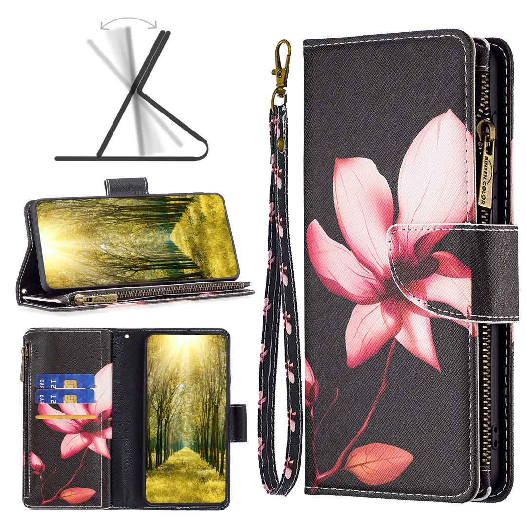 BF03 Zipper Pocket Leather Case for iPhone 15 Pro , Pattern Printing Stand Wallet Phone Cover - Pink Flower BF03 Zipper Pocket Leather Case for iPhone 15 Pro , Pattern Printing Stand Wallet Phone Cover - Pink Flower